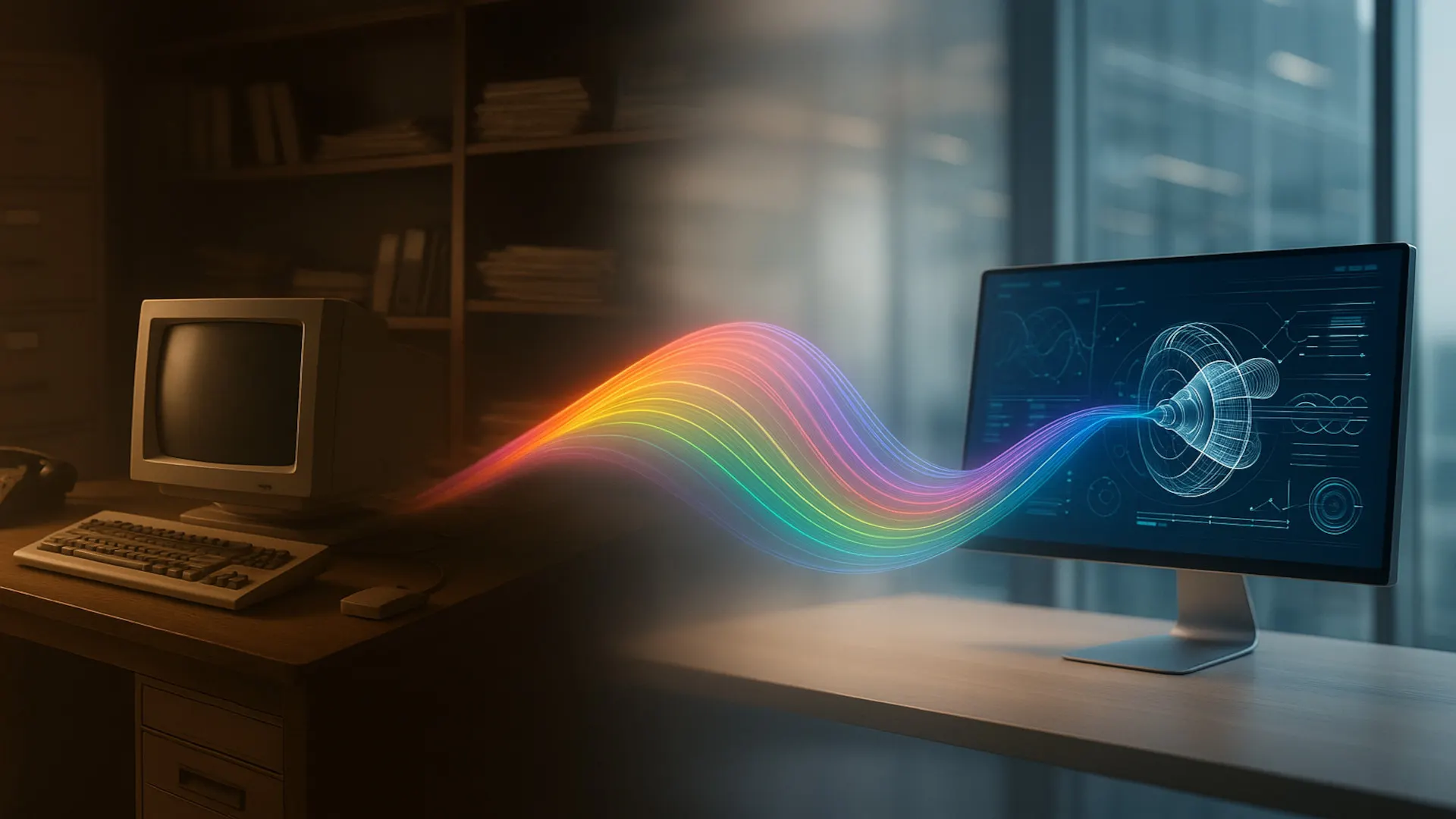 A legacy desk computer's output flows as a colorful wave into a modern monitor, showing the shift from legacy work to AI-native flow.